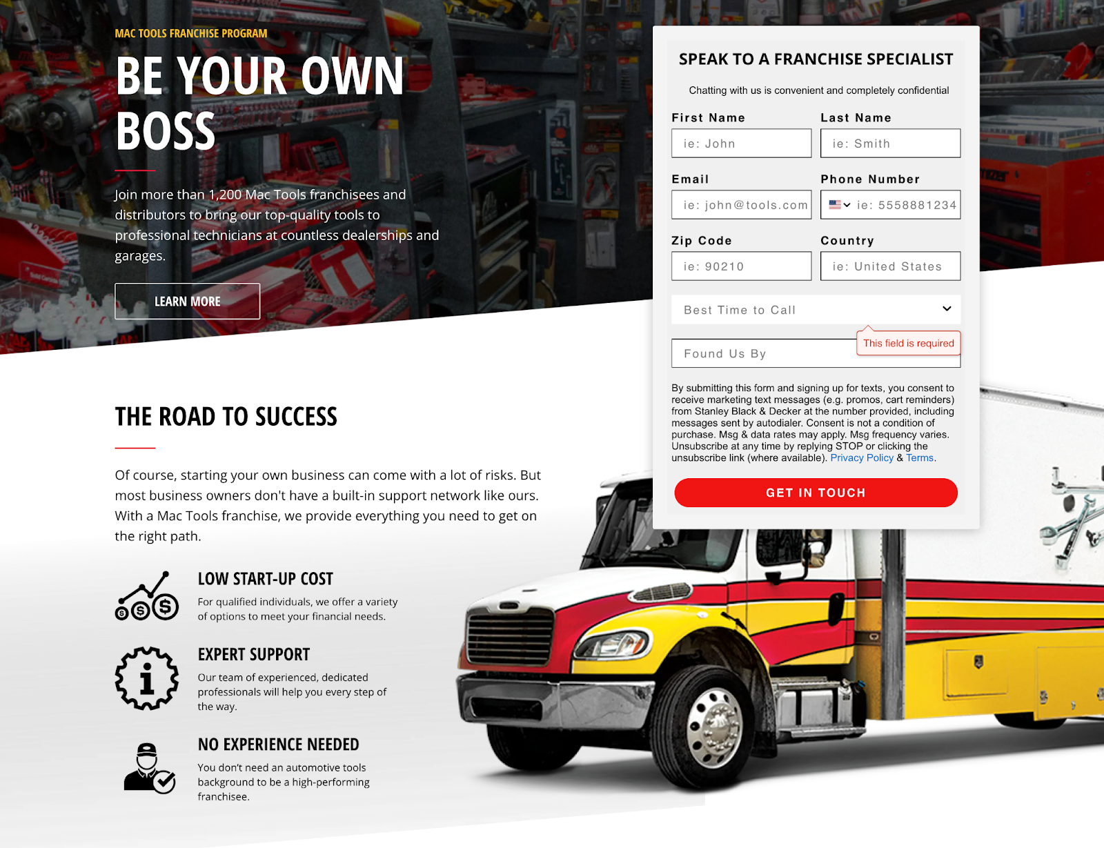 The Mac Tools franchise program page with a “Be your own boss” title and a form to sign up on the right