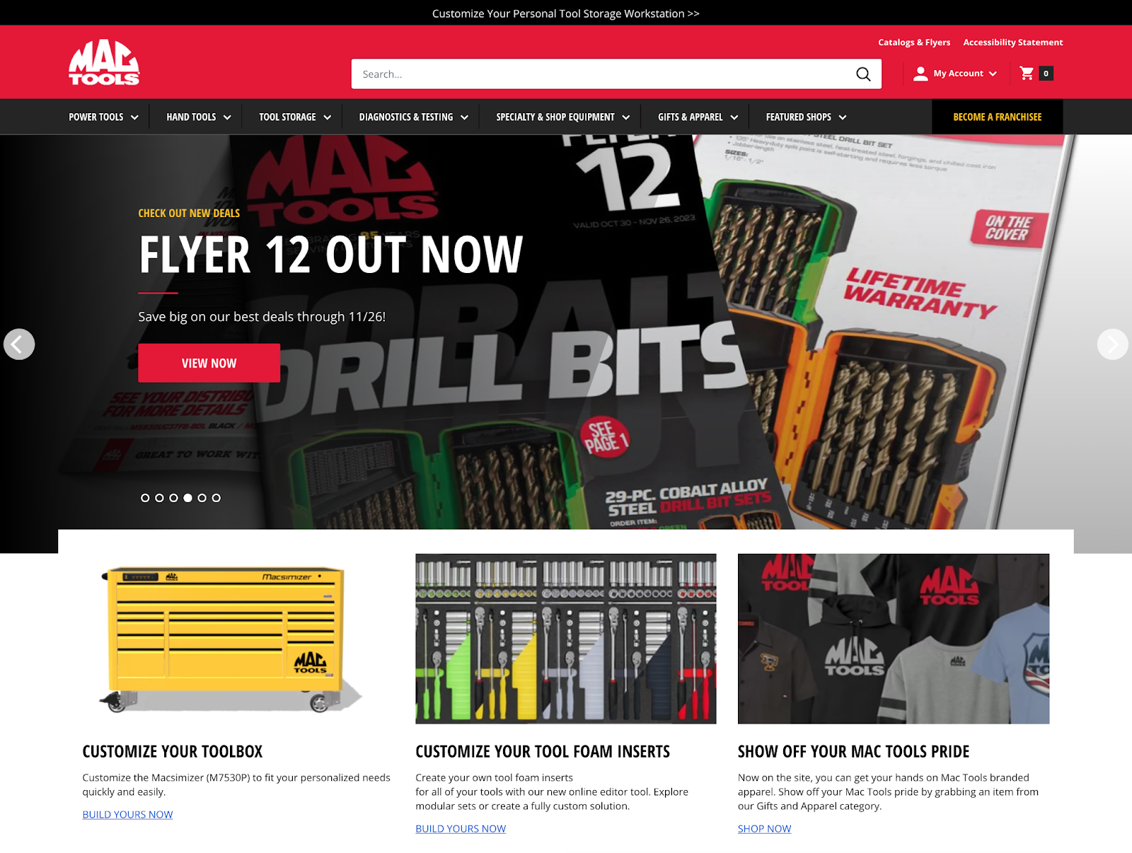 The Mac Tools homepage; the hero image is the latest flier, below it are customization and shopping options
