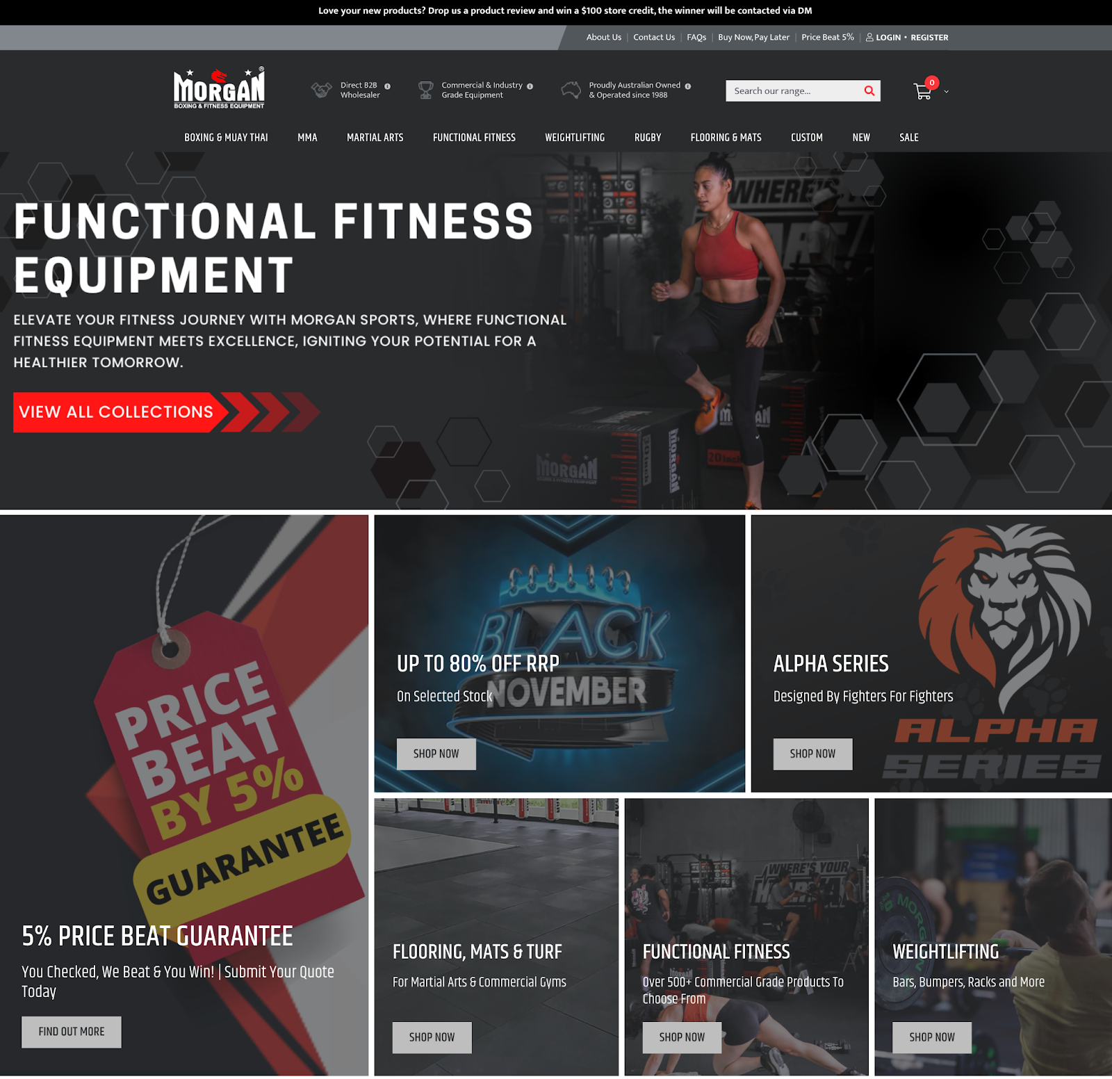 The Morgan Sports homepage with a black and red color palette and product categories in a grid