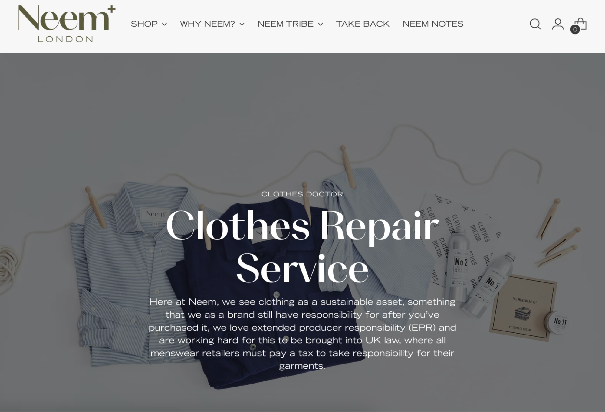 Screenshot of Neem London’s clothes repair service landing page