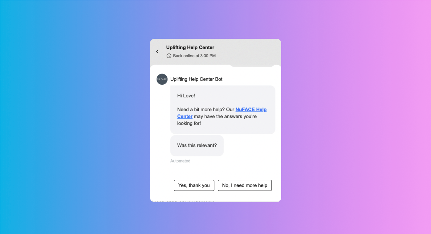 NuFace’s chatbot uses the on-brand “love” to refer to its customers
