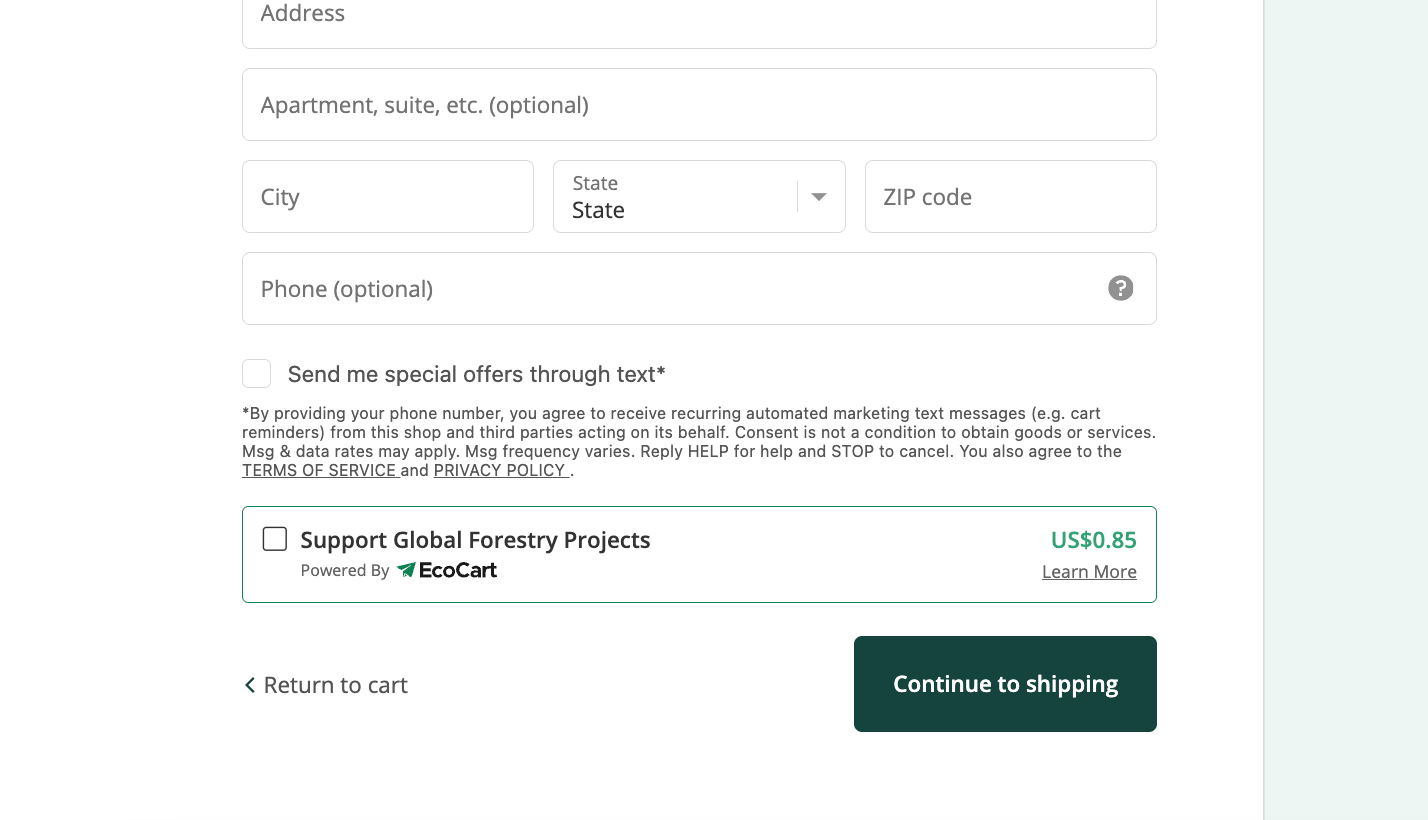 Option to donate $0.85 to support global forestry projects.