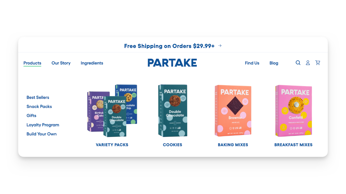 Partake Foods website navigation showing free shipping offer