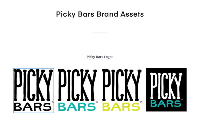 A screen recording of Picky Bars’ brand assets, like product images, color palettes, and logos