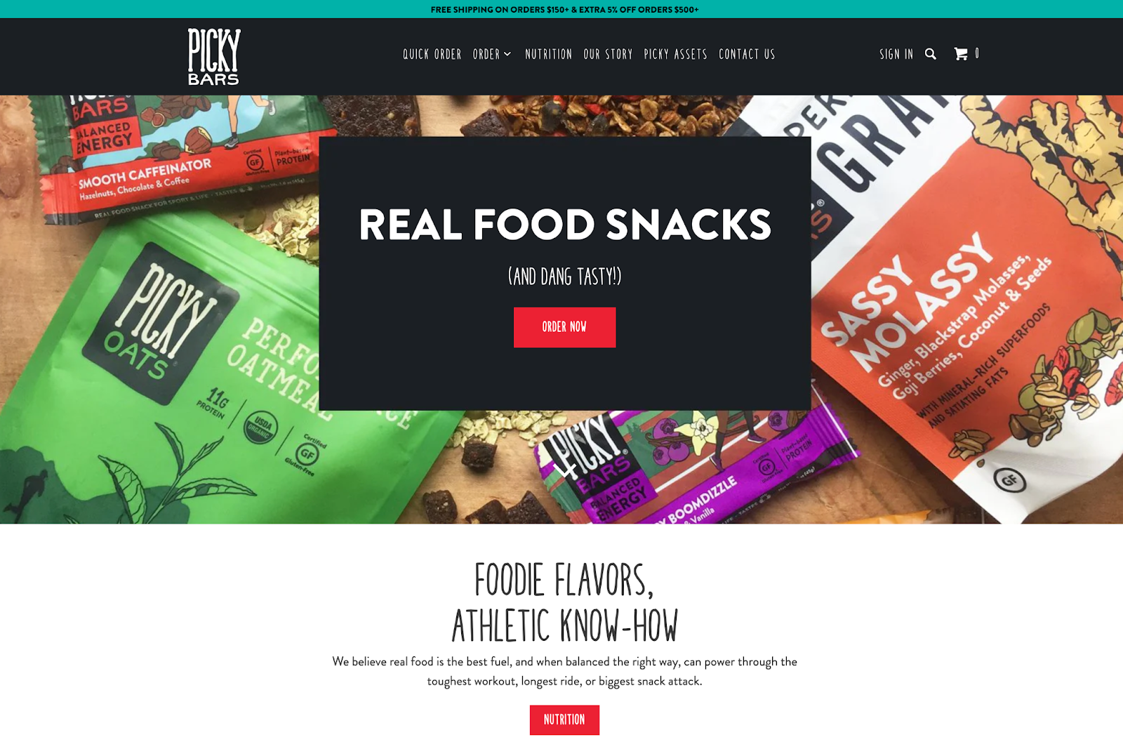 Hero image with colorful images, large “Real food snacks” test, and an “Order now” call-to-action