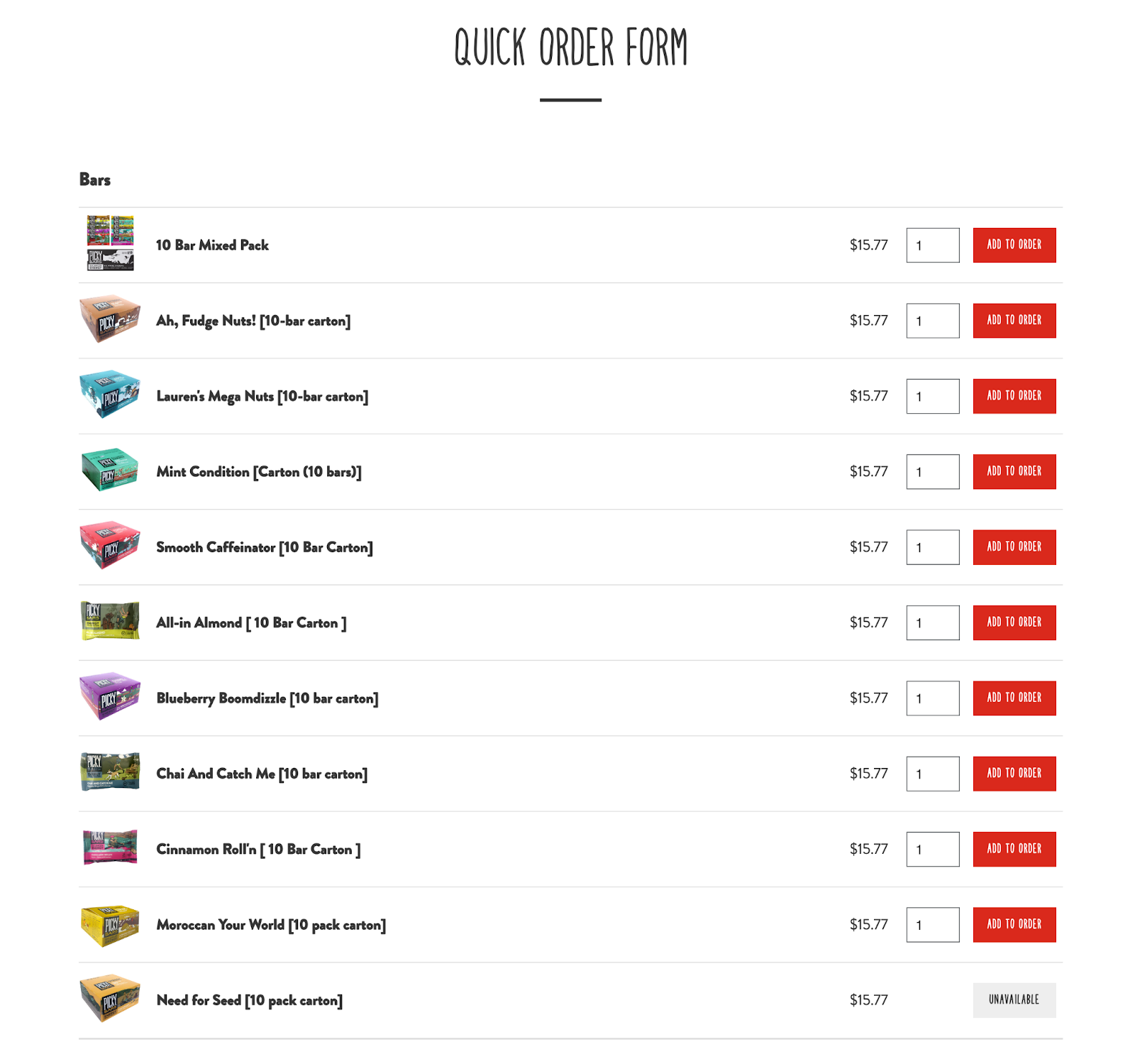 A list of products, each with a red “Add to order” button on the right for easy ordering