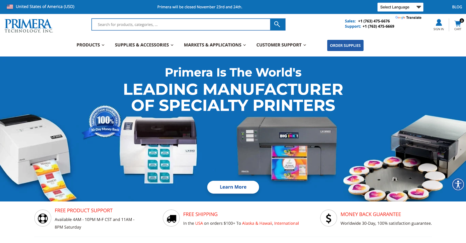 The Primera homepage with a blue color palette and images of printers in the hero image