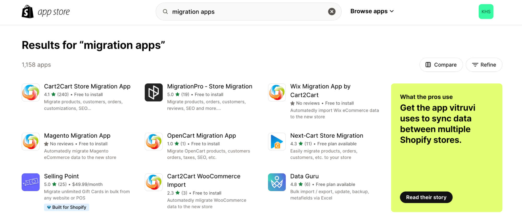 image of the shopify app store with migration apps