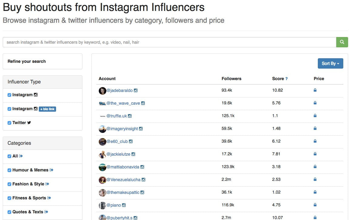 Shoutcart page shows how users can sort influencers by channel and categories.