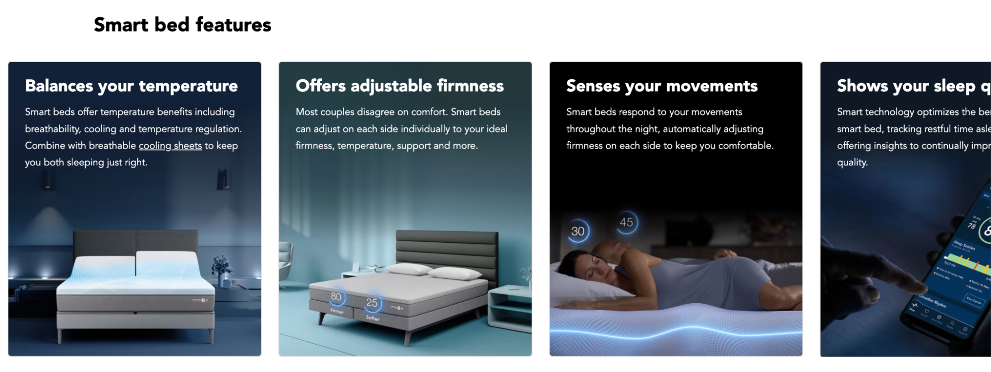 List of smart bed features: balance temperature, adjustable firmness, movement sensors, and sleep quality scores.