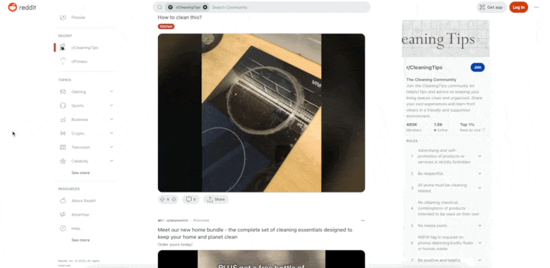 Video showing the benefits of smol’s cleaning products in a Reddit cleaning forum.
