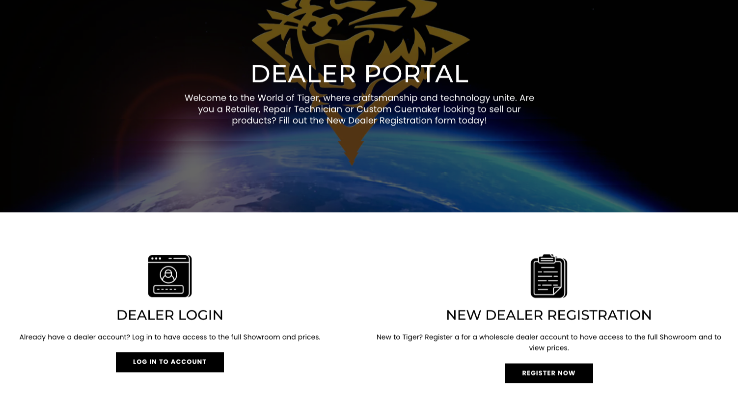 The Tiger Products dealer portal page with options to log in or register for a dealer account