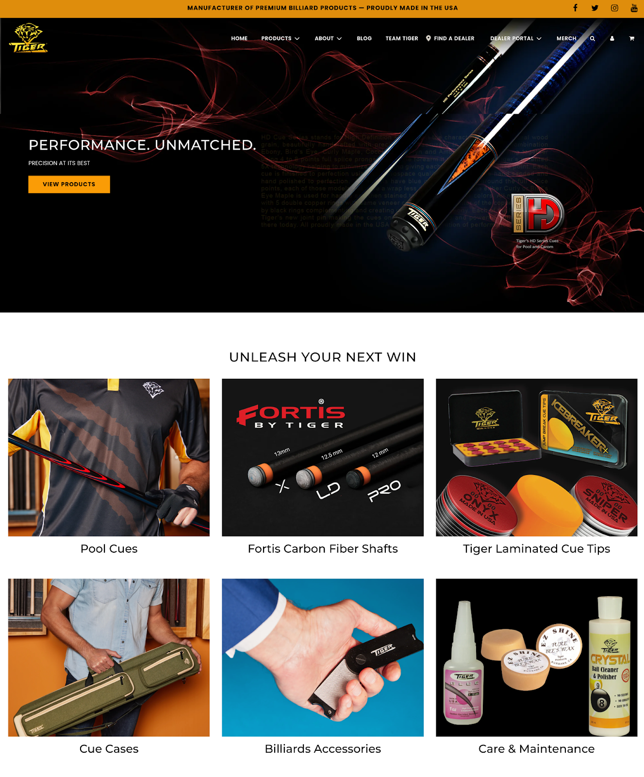 The Tiger Products homepage with a dark hero image and a grid of product categories below