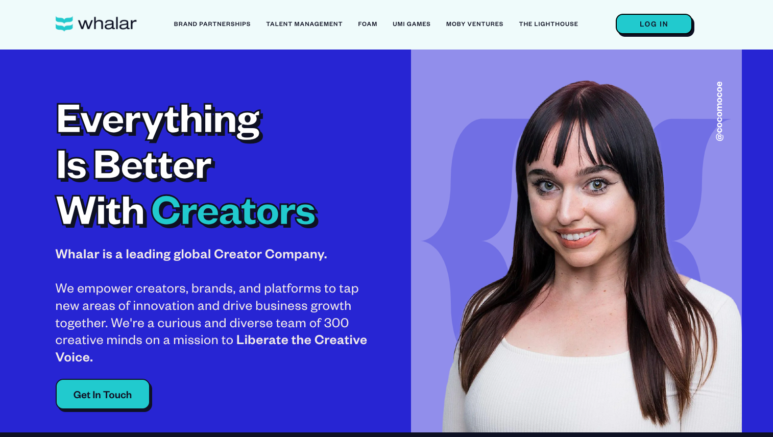 Whalar page features an advertising blurb, get-in-touch button, and image of a young woman.
