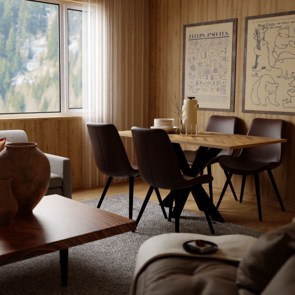 An inviting dining setup with a Hudson table made of mango wood and Elmo chairs with brown leather air upholstery. The warm, cabin-like ambiance is accentuated by the view of a mountain-like landscape through a window.