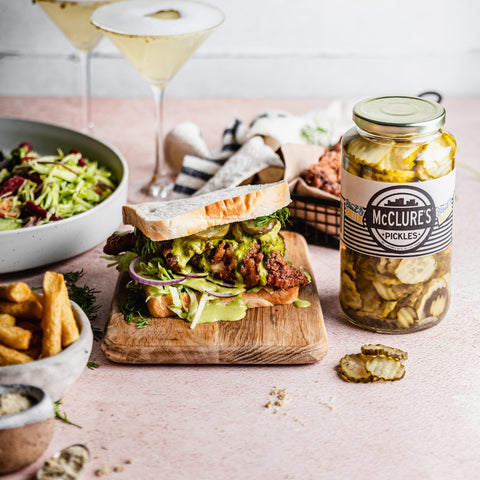 Southern-Fried Pickled Fish Sandwiches with Pickle Green Goddess Sauce and Pickle Salt Chips