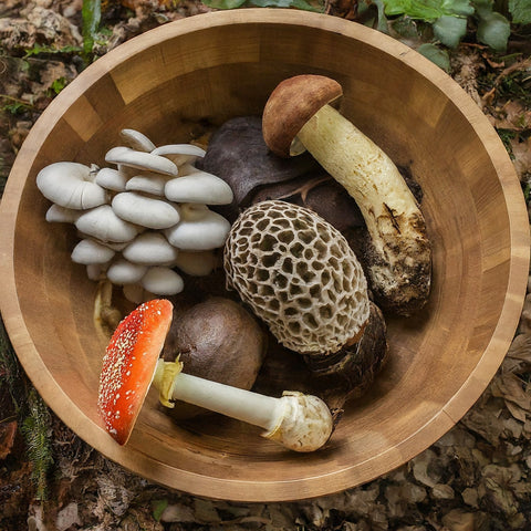 mushrooms in a wooden bowl