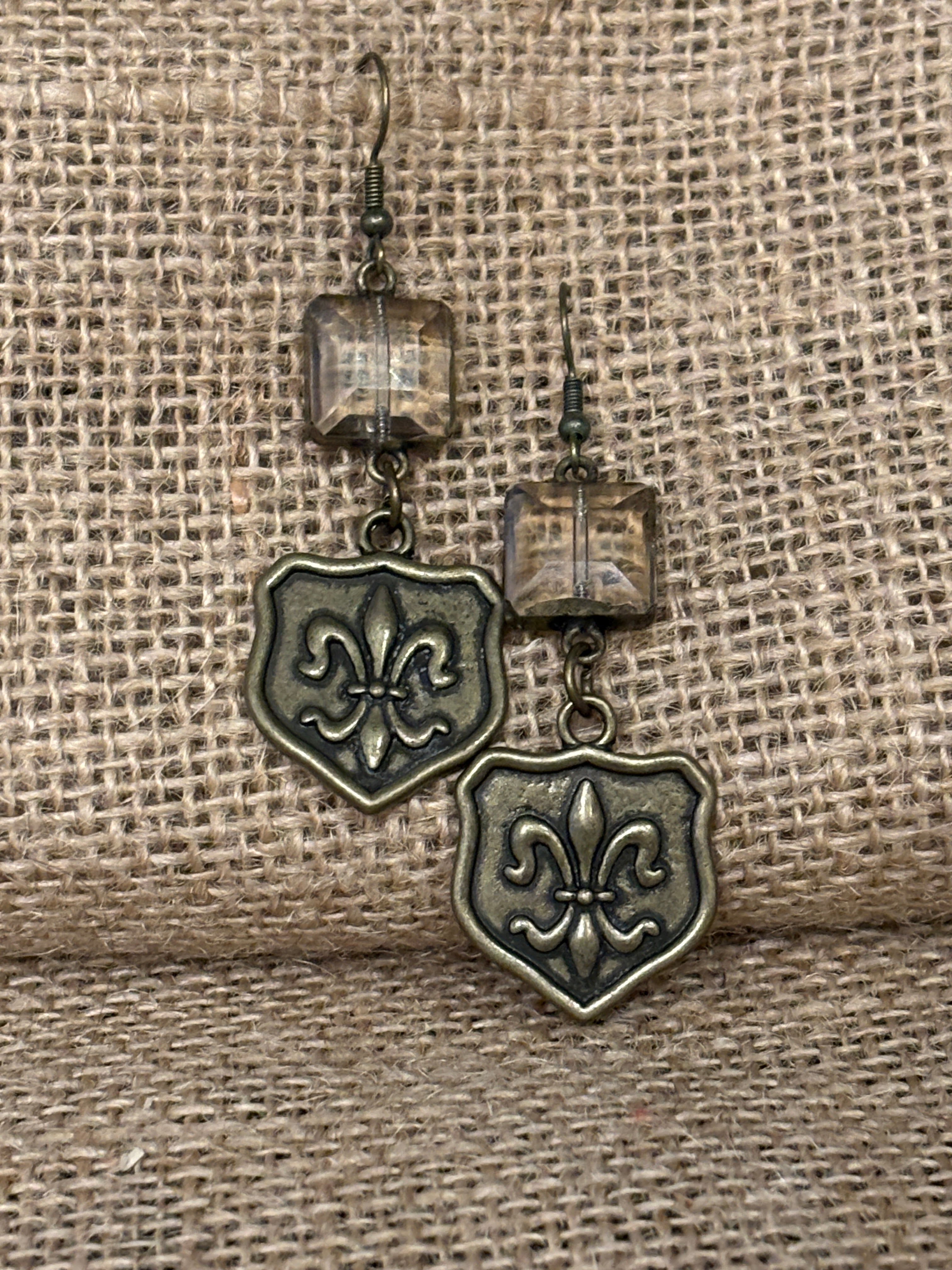 Fleur de lis Medallion and Square Crystal Dangle Earrings