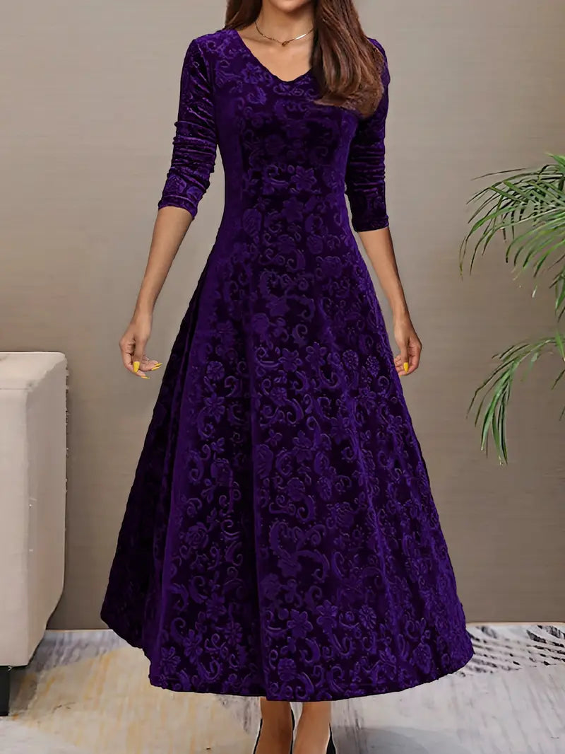 Product Image for Ravikna | Ausgestelltes Kleid Abschlussballkleid V-ausschnitt Lange Ärmel Eleganter Texturiert Stoff, Lila / XL