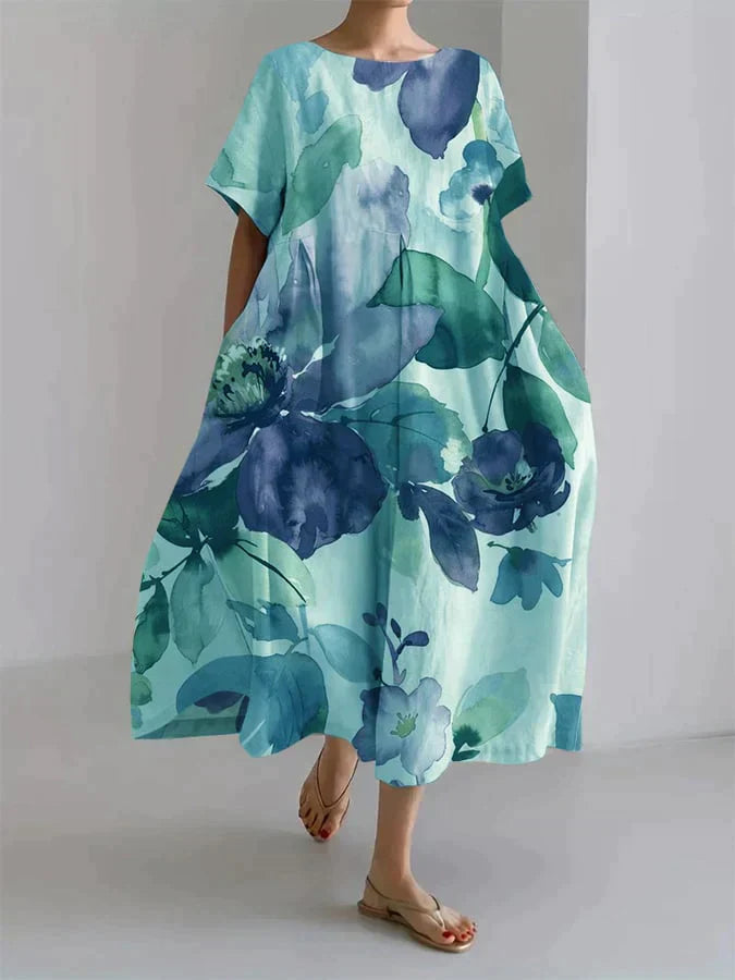 Product Image for Ravikna | Låst Skåret Kvinne Kjole Blomstertrykk, Blå / 5XL