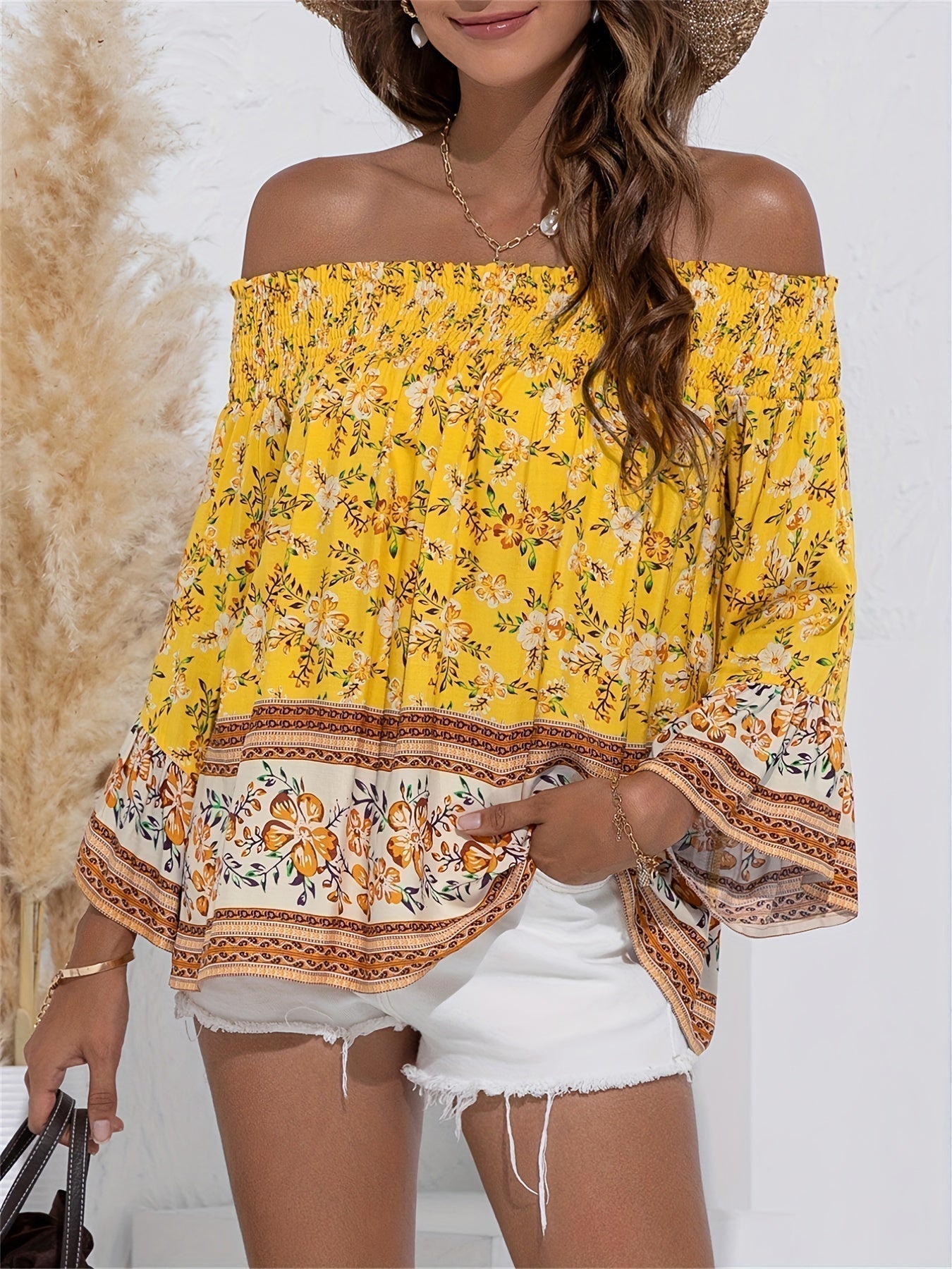 Product Image for Ravikna | Damen Blumenmuster Off The Shoulder Bluse, Gelb / XL