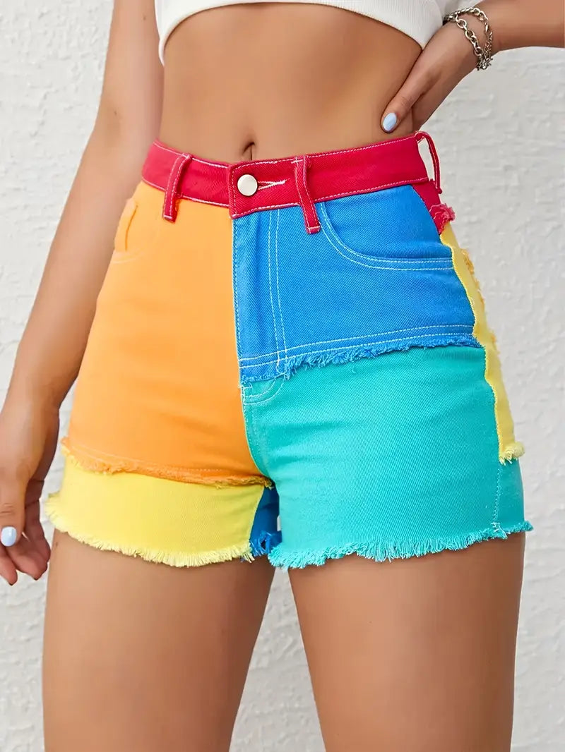 Product Image for Ravikna | Vintage Inspired Høyt Liv Jean Shorts Med Frynser Og Color Block Design, Gul / L