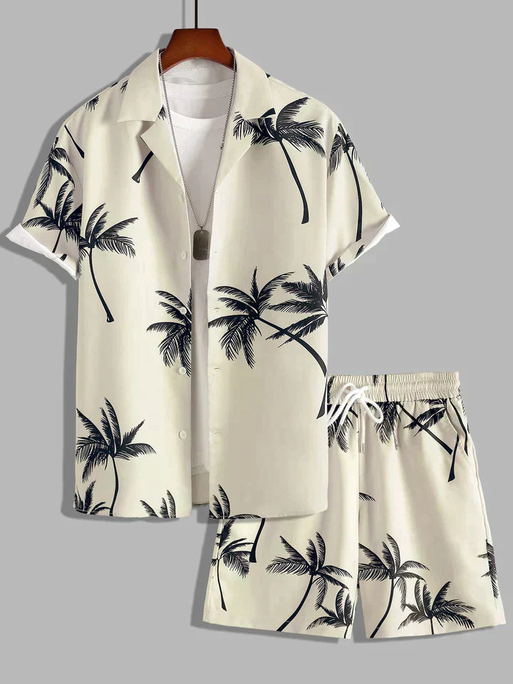 Product Image for Ravikna | Tropical outfit set short sleeve shirt with button placket & matching shorts breathable cotton blend loose fit palm print, Aprikos / L