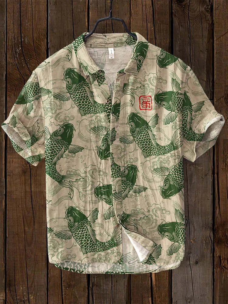 Product Image for Ravikna | Kurzarm Button up Hemd Baumwoll Leinen Mischung Mandarin Kragen Koi Fisch Druck, Grün / L