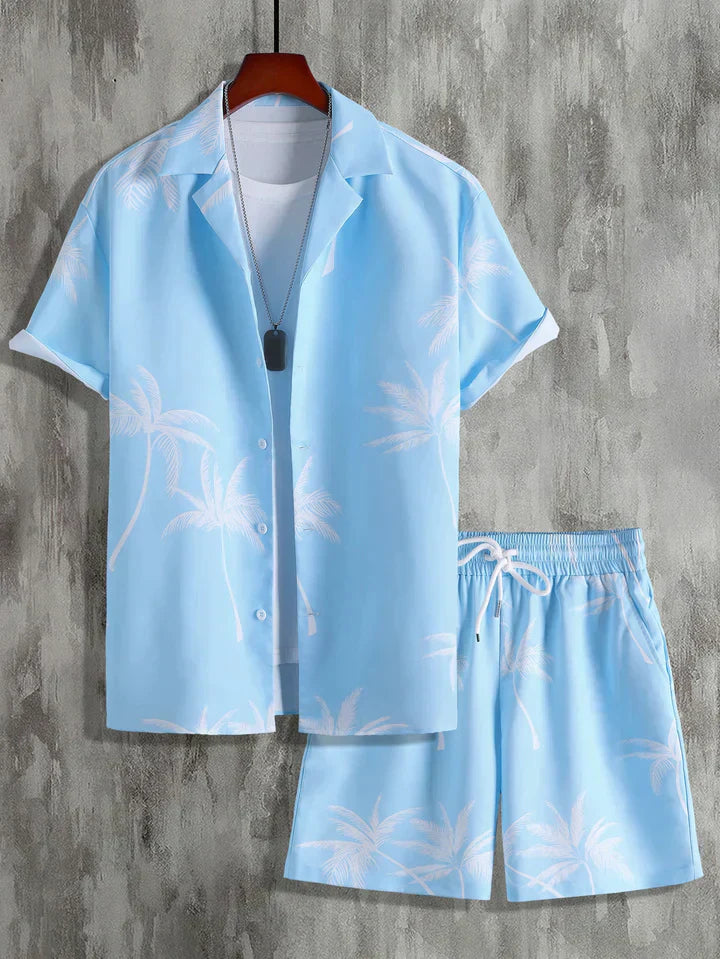 Product Image for Ravikna | Tropical outfit set short sleeve shirt with button placket & matching shorts breathable cotton blend loose fit palm print, Blå / 3XL
