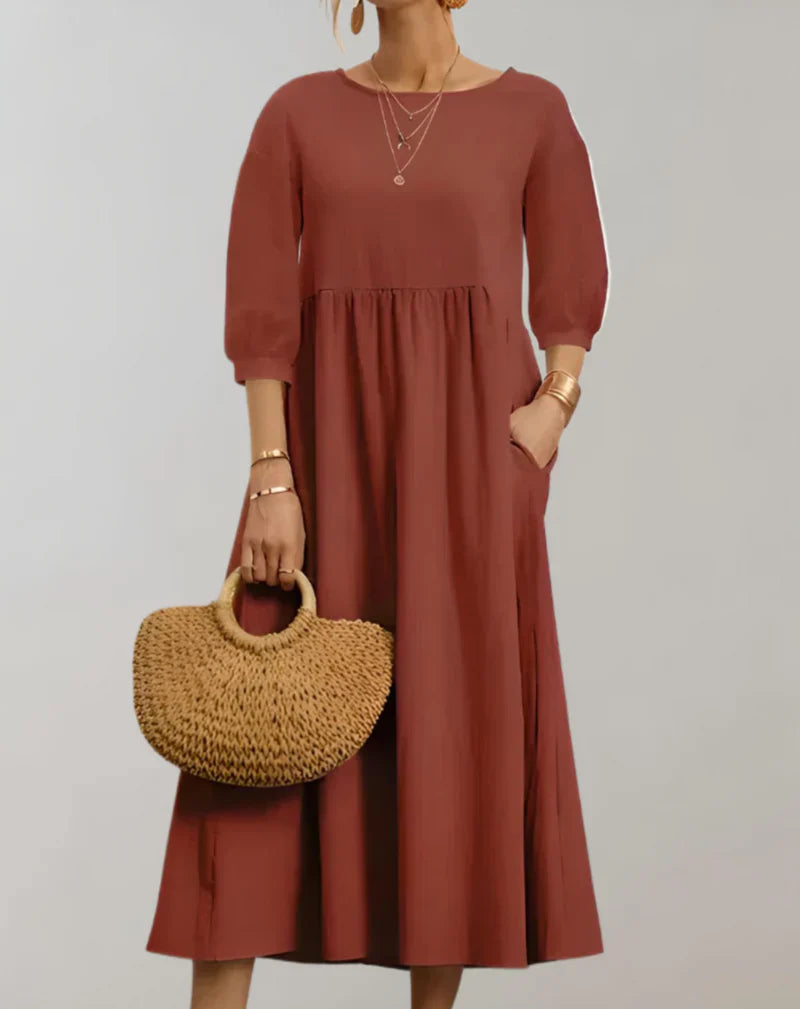 Product Image for Ravikna | Låst Skåret Midikjole Med 3/4 Ermer, Rund Utringning Og Lomme, Rustikk brun / L