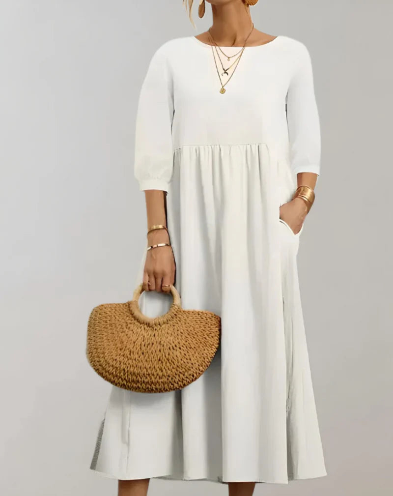 Product Image for Ravikna | Låst Skåret Midikjole Med 3/4 Ermer, Rund Utringning Og Lomme, Hvit / XL