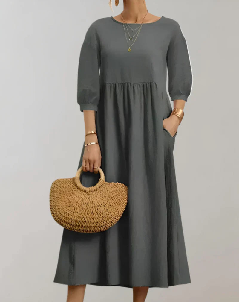 Product Image for Ravikna | Låst Skåret Midikjole Med 3/4 Ermer, Rund Utringning Og Lomme, Grå / XL