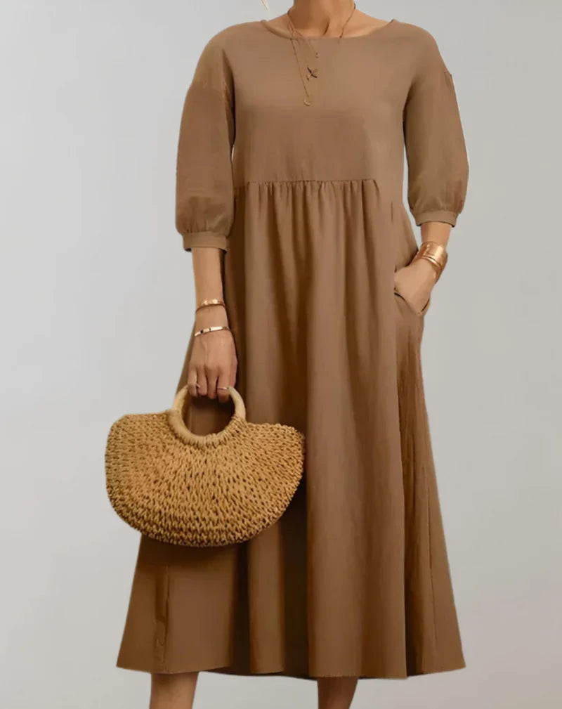 Product Image for Ravikna | Låst Skåret Midikjole Med 3/4 Ermer, Rund Utringning Og Lomme, Braun / S