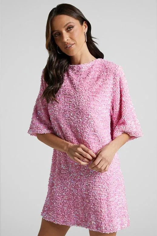 Product Image for Damer paljett-nattkjole med åpne skuldre og svingende kant Ravikna, Rosa / S