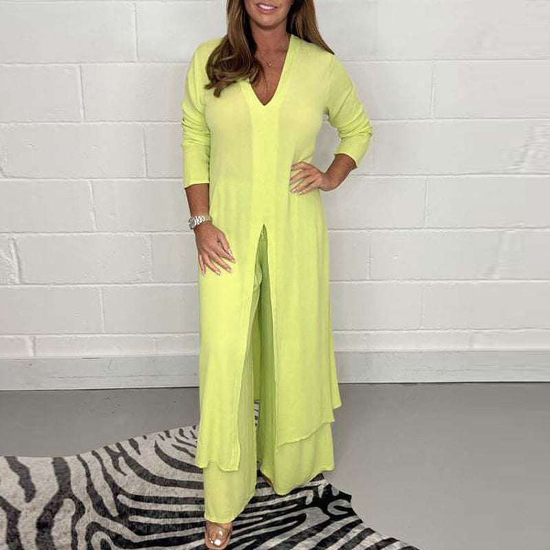Product Image for Ravikna | Dame Jumpsuit V-Utskjæring Lange Ermer Bred Passform Bredde Bein Elegant Design, Lys grønn / M