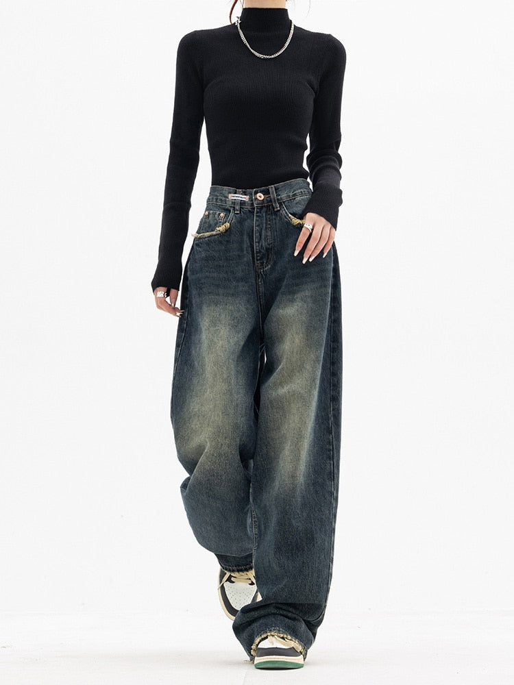 Product Image for Ravikna | Y2k Jeans Dame Vintage Streetwear Koreanske Baggy Jeans, Blå Grå / L