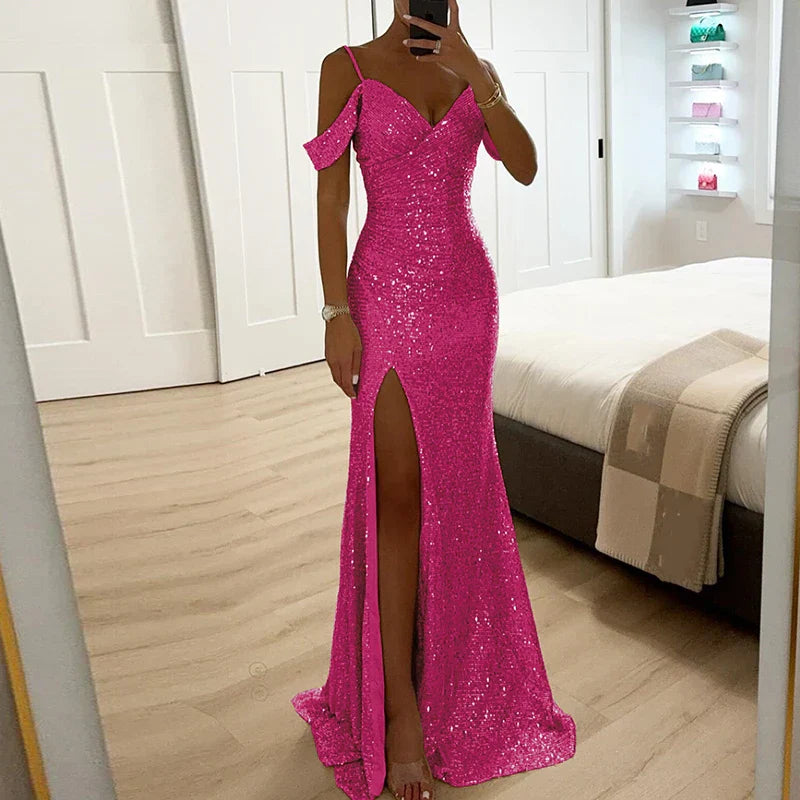 Product Image for Ravikna | Abendkleid Paillettiertes Off Shoulder Figurbetonte Silhouette V-ausschnitt Hoher Schlitz, Rosenrot / L
