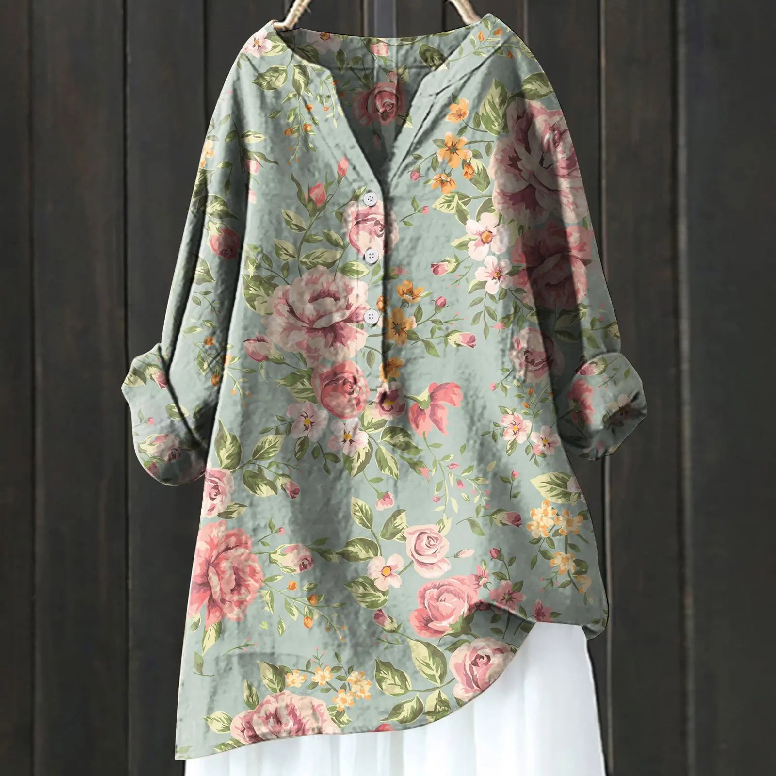 Product Image for Ravikna | Smal linne skjorte i bomullsblanding, Grønn med rosa / XL