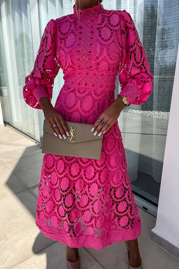 Product Image for Ravikna | Elegant midi dress with lantern sleeves made of crocheted lace, Rosa / S