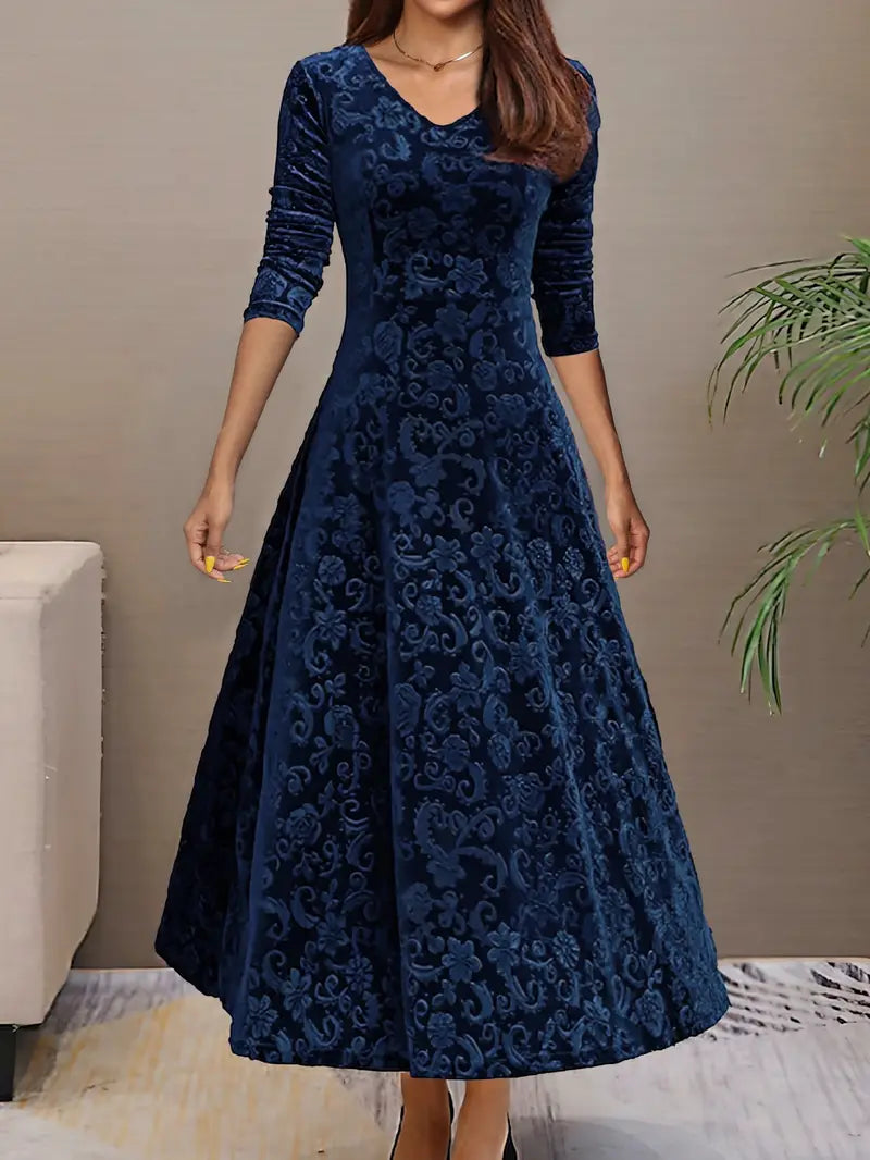 Product Image for Ravikna | Ausgestelltes Kleid Abschlussballkleid V-ausschnitt Lange Ärmel Eleganter Texturiert Stoff, Blau / XXL