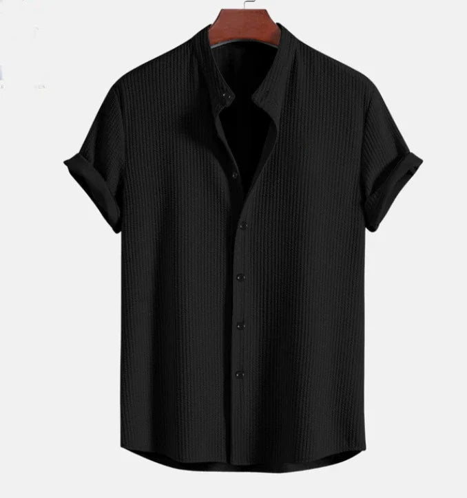 Product Image for Ravikna | Kurzarm Button up Hemd Seersucker Textur Mandarin Kragen Lockerer Schnitt, Schwarz / XL