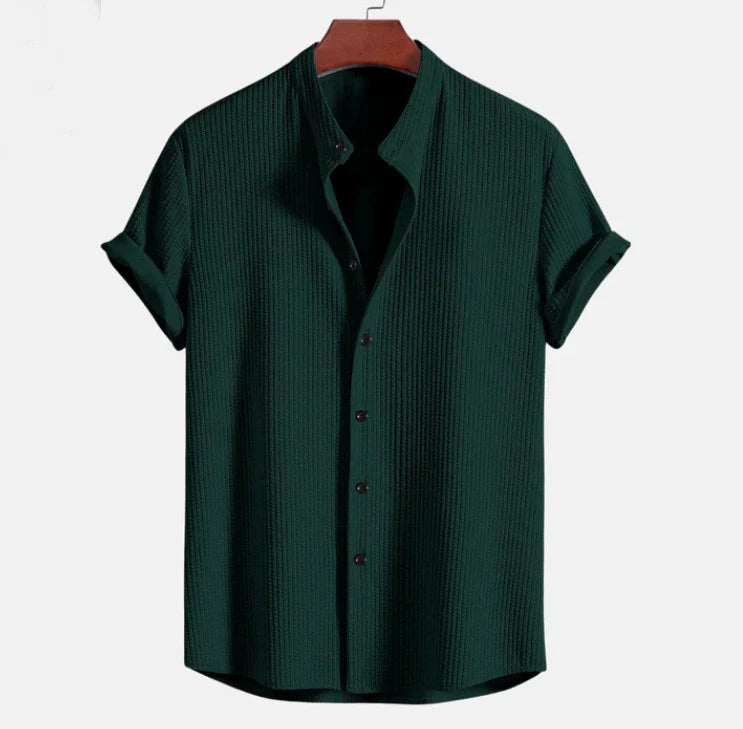 Product Image for Ravikna | Kurzarm Button up Hemd Seersucker Textur Mandarin Kragen Lockerer Schnitt, Dunkelgrün / L