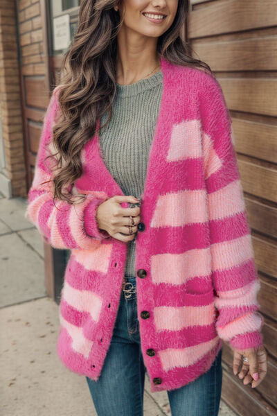 Product Image for Ravikna | Stripete Knappe-Op Fluffy Cardigan med Lommer, Heitrosa / L