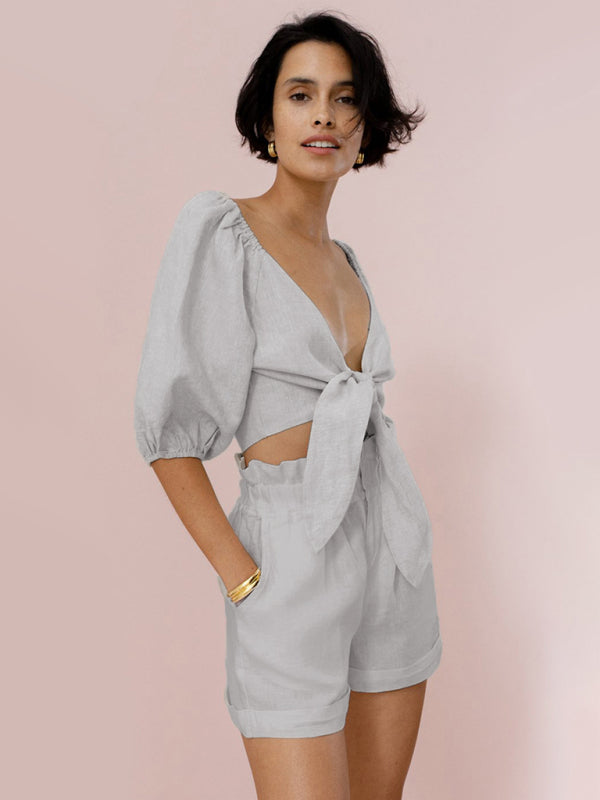 Product Image for Ravikna | Dameklær Sexy Bomull Lin Strikket Jakke Topp Lomme Shorts Fritidsdrakt, Cracker khaki / S
