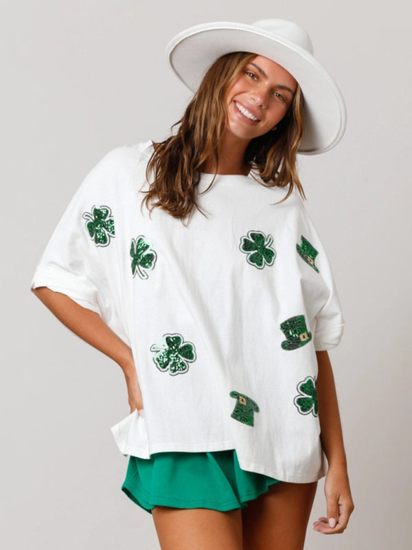 Product Image for Ravikna | Dame St. Patrick's firkløftet kløver paljetttop løs T-skjorte, Hvit / S