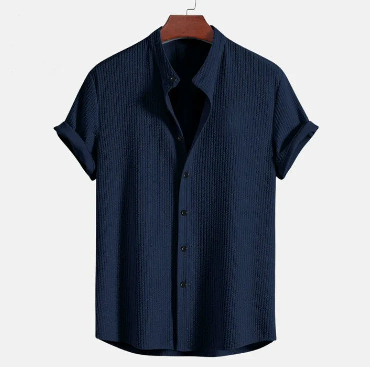 Product Image for Ravikna | Kurzarm Button up Hemd Seersucker Textur Mandarin Kragen Lockerer Schnitt, Marineblau / 2XL
