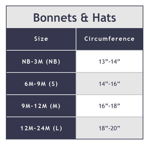 Bonnets and Hats Size Chart