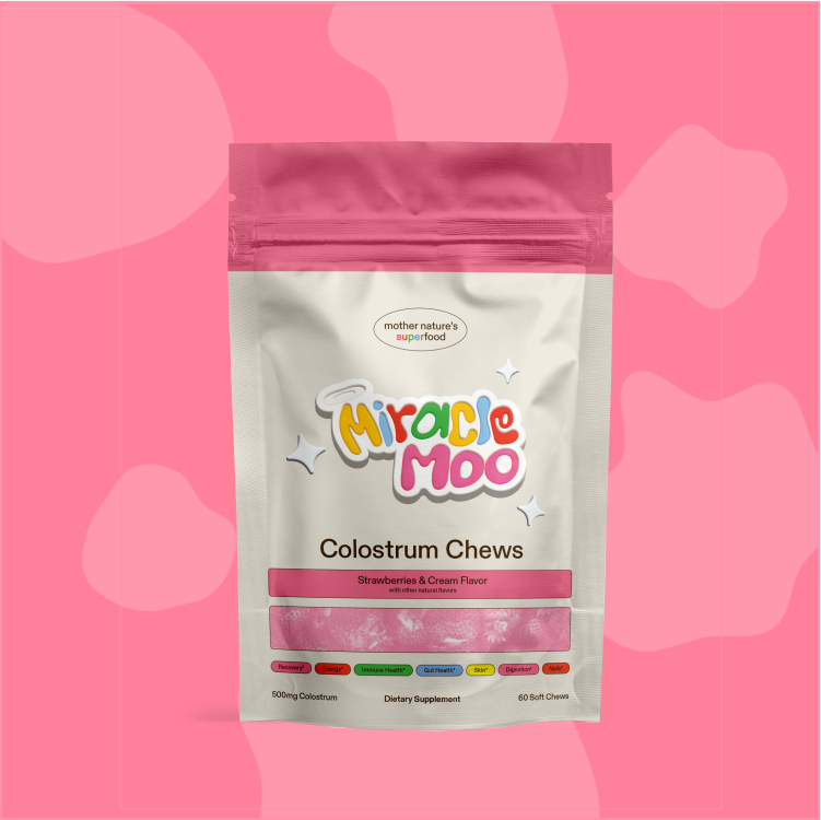 Bag of Miracle Moo Colostrum Chews against a pink background.