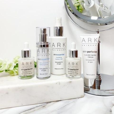 ARK Skincare's Sensitivity & Redness collection full of products suitable for sensitive skin on a bathroom counter. Vegan friendly. 