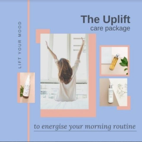 Mood board of the Uplift Care Package artwork with products 